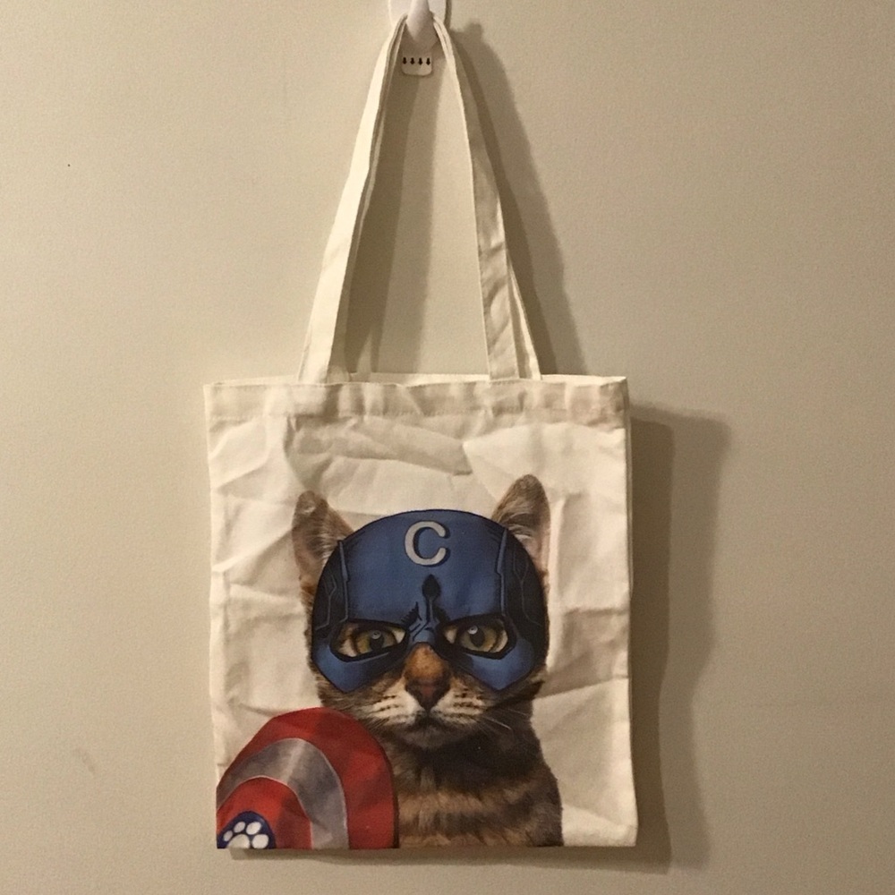 NWOT! Super Hero Cat Canvas Tote Bag - Blue and Red Captain America
